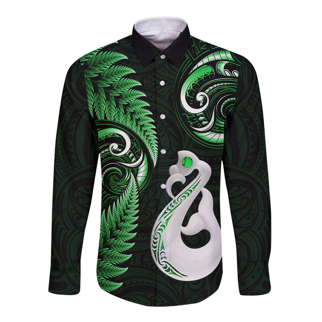 Personalised New Zealand Long Sleeve Button Shirt Aotearoa Silver Fern With Manaia Maori Unique Green - Vibe Hoodie Shop