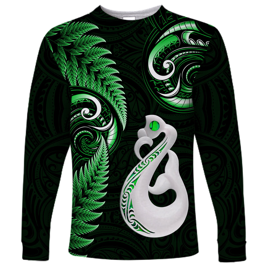 Personalised New Zealand Long Sleeve Shirt Aotearoa Silver Fern With Manaia Maori Unique Green - Vibe Hoodie Shop