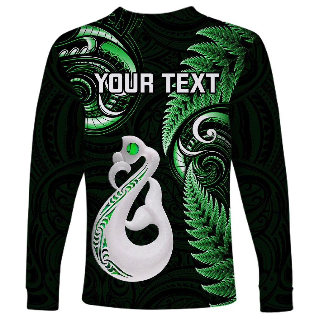 Personalised New Zealand Long Sleeve Shirt Aotearoa Silver Fern With Manaia Maori Unique Green - Vibe Hoodie Shop