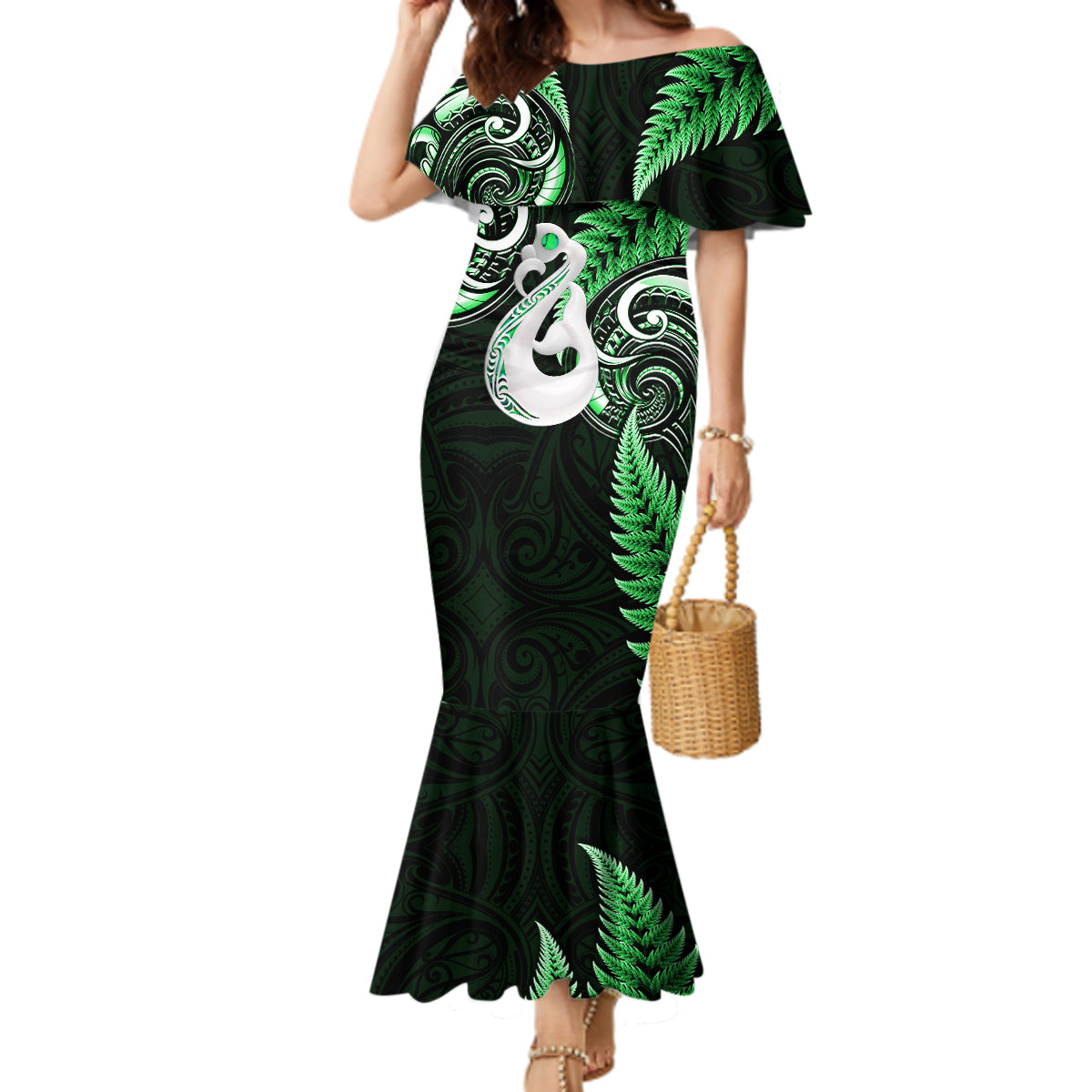 personalised-new-zealand-mermaid-dress-aotearoa-silver-fern-with-manaia-maori-unique-green