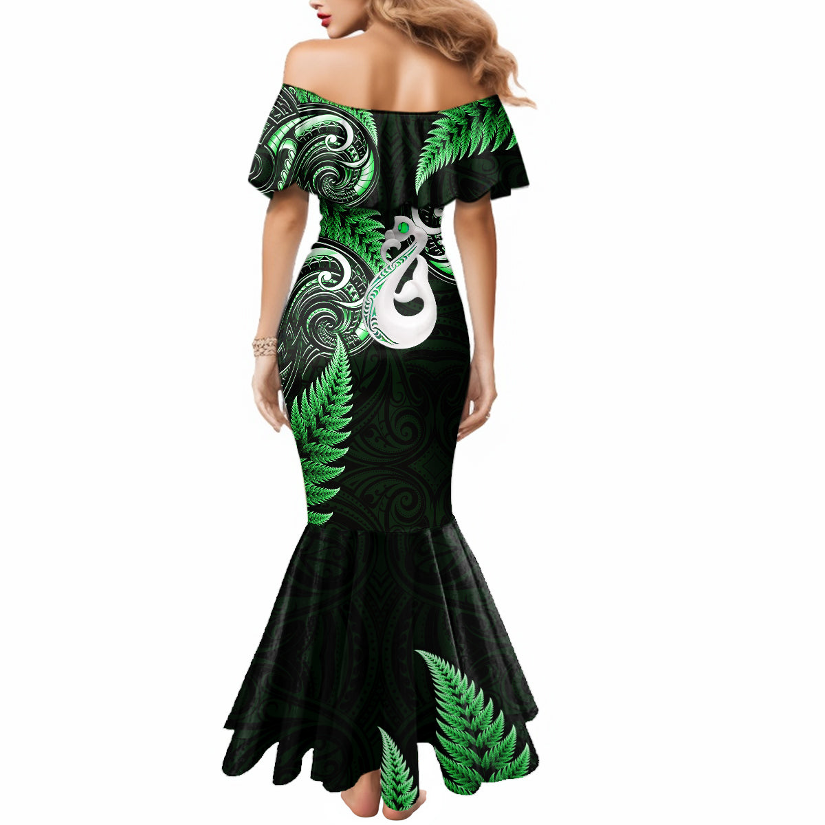 personalised-new-zealand-mermaid-dress-aotearoa-silver-fern-with-manaia-maori-unique-green