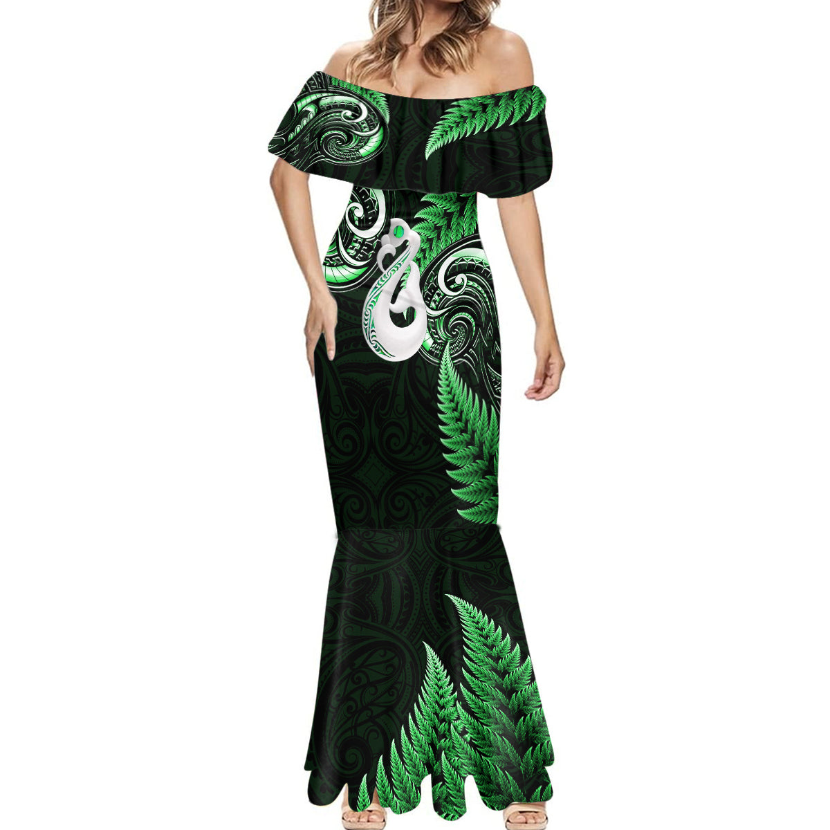 personalised-new-zealand-mermaid-dress-aotearoa-silver-fern-with-manaia-maori-unique-green