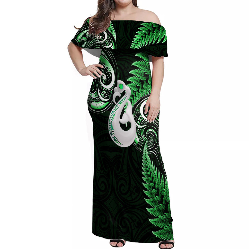 Personalised New Zealand Off Shoulder Maxi Dress Aotearoa Silver Fern With Manaia Maori Unique Green - Vibe Hoodie Shop