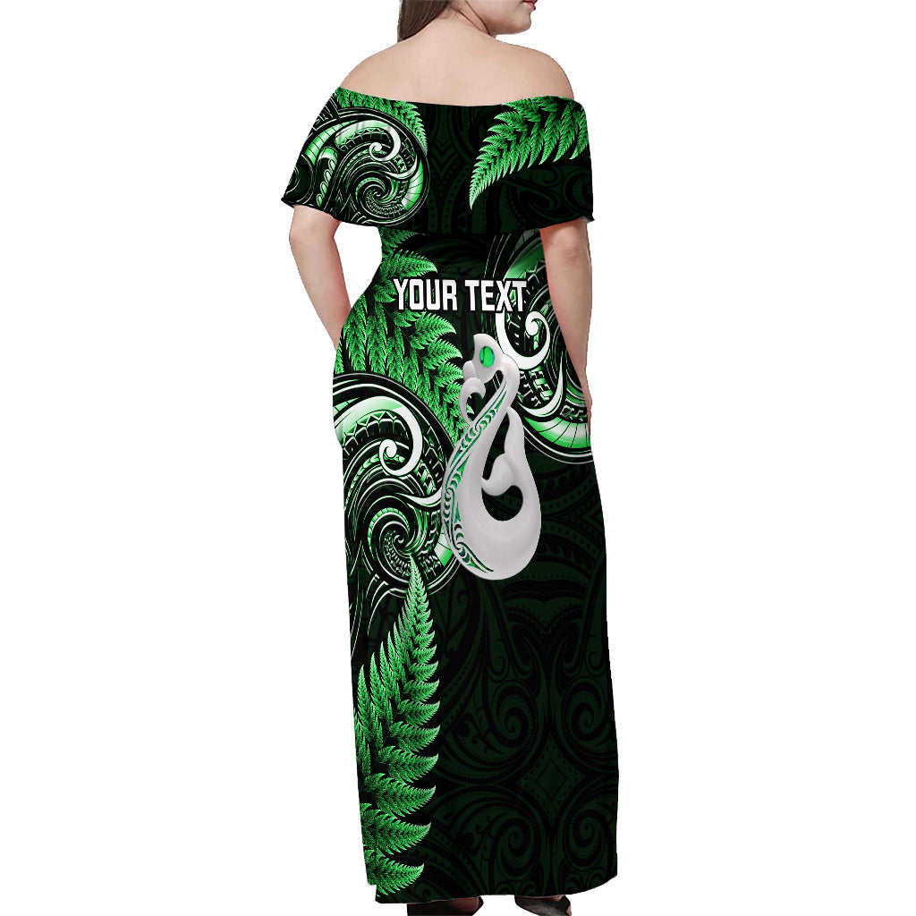 Personalised New Zealand Off Shoulder Maxi Dress Aotearoa Silver Fern With Manaia Maori Unique Green - Vibe Hoodie Shop