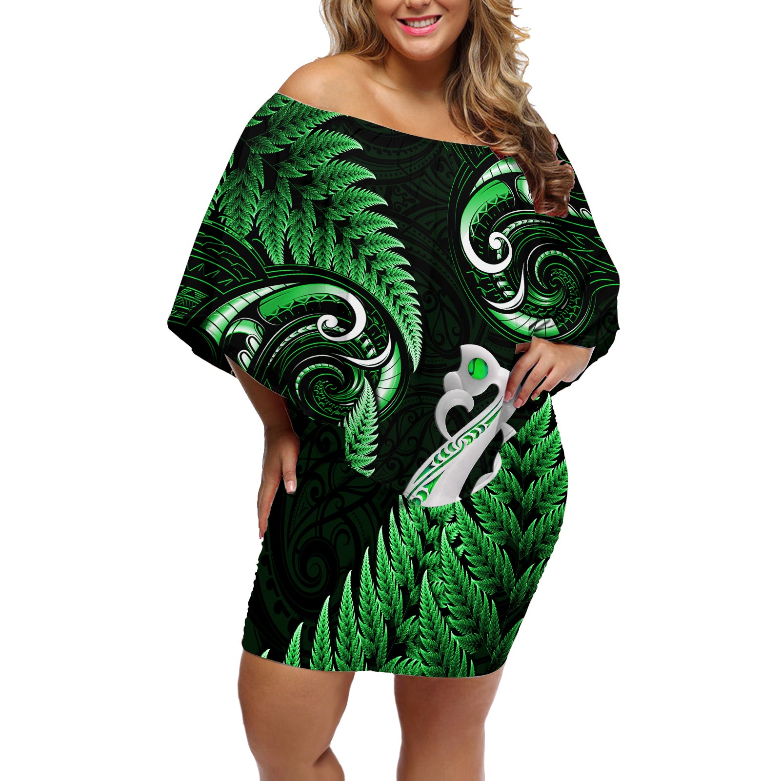 Personalised New Zealand Off Shoulder Short Dress Aotearoa Silver Fern With Manaia Maori Unique Green LT14