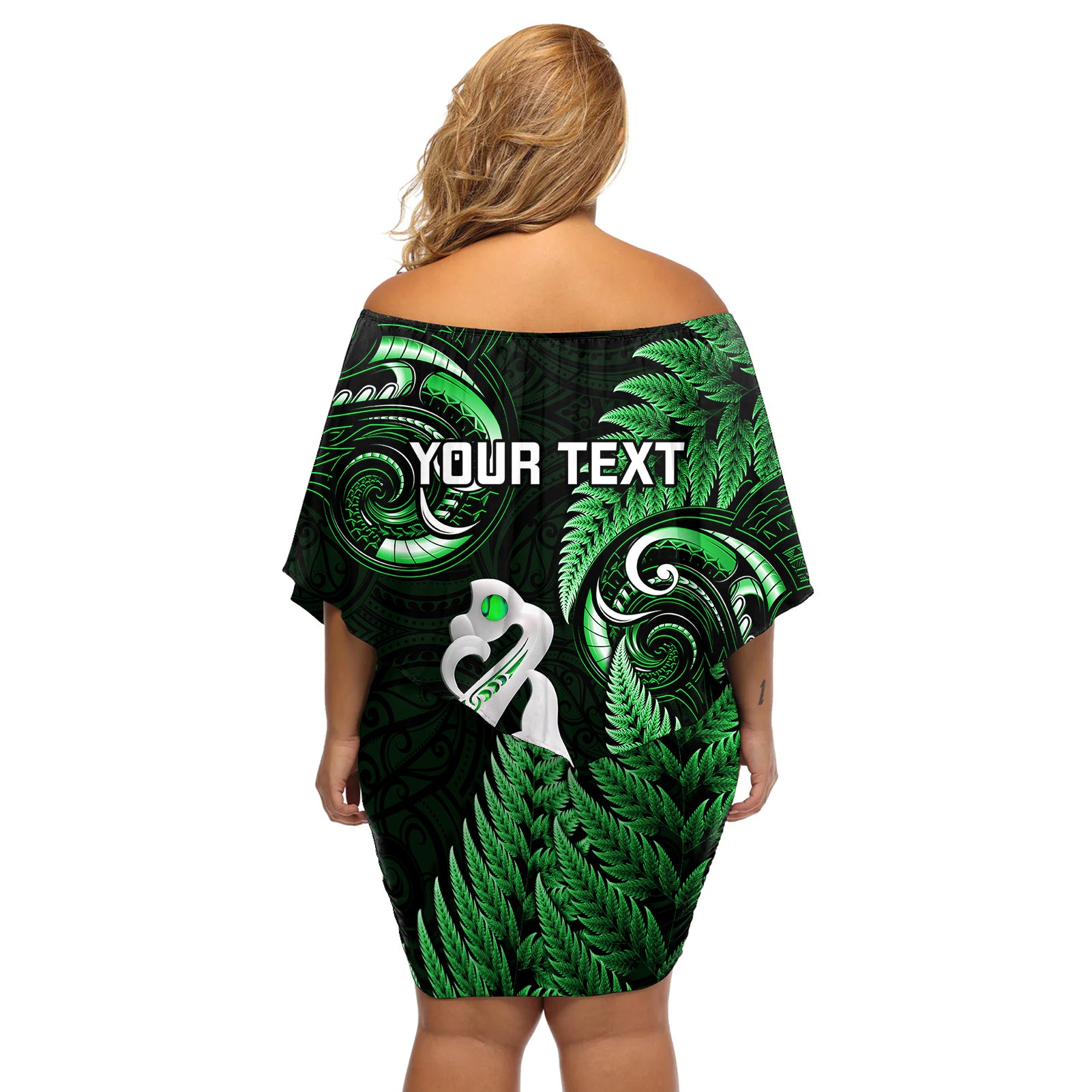 Personalised New Zealand Off Shoulder Short Dress Aotearoa Silver Fern With Manaia Maori Unique Green LT14