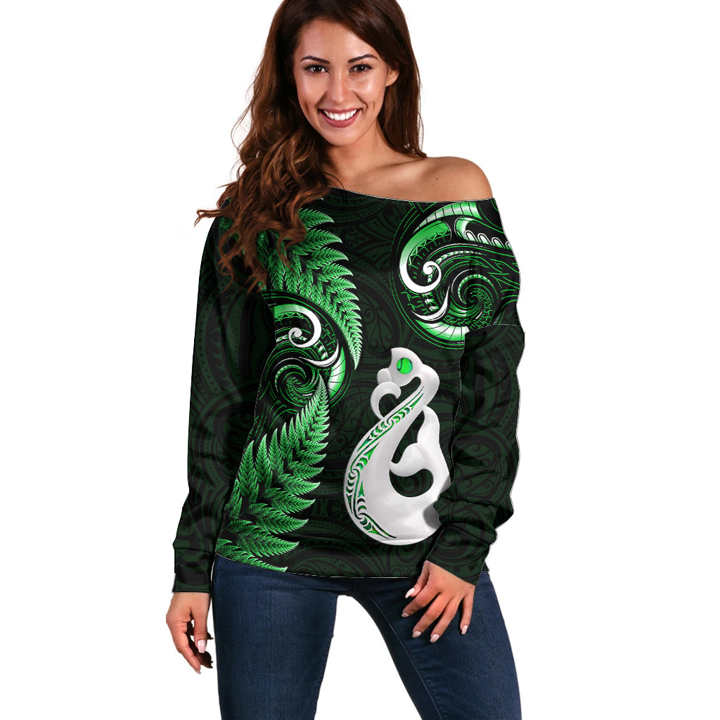 Personalised New Zealand Off Shoulder Sweater Aotearoa Silver Fern With Manaia Maori Unique Green - Vibe Hoodie Shop