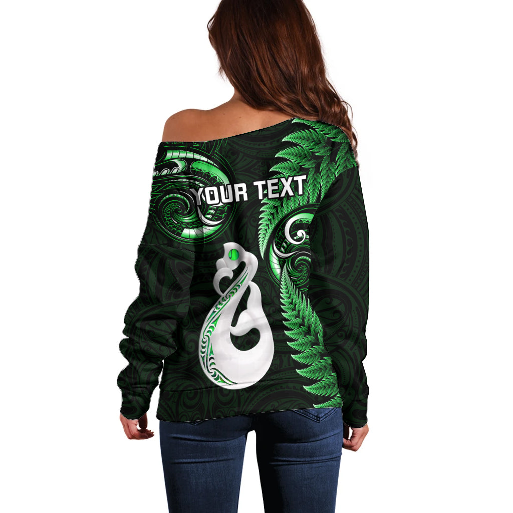 Personalised New Zealand Off Shoulder Sweater Aotearoa Silver Fern With Manaia Maori Unique Green - Vibe Hoodie Shop