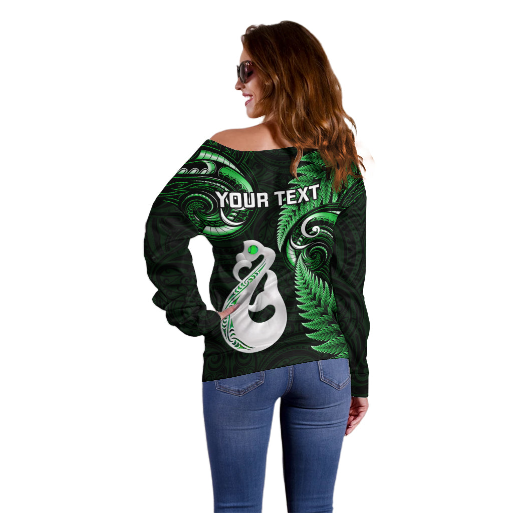 Personalised New Zealand Off Shoulder Sweater Aotearoa Silver Fern With Manaia Maori Unique Green - Vibe Hoodie Shop