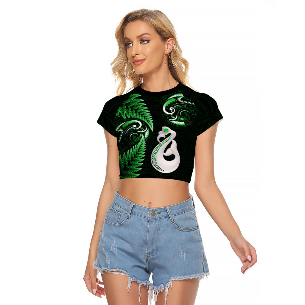 Personalised New Zealand Raglan Cropped T Shirt Aotearoa Silver Fern With Manaia Maori Unique Green - Vibe Hoodie Shop