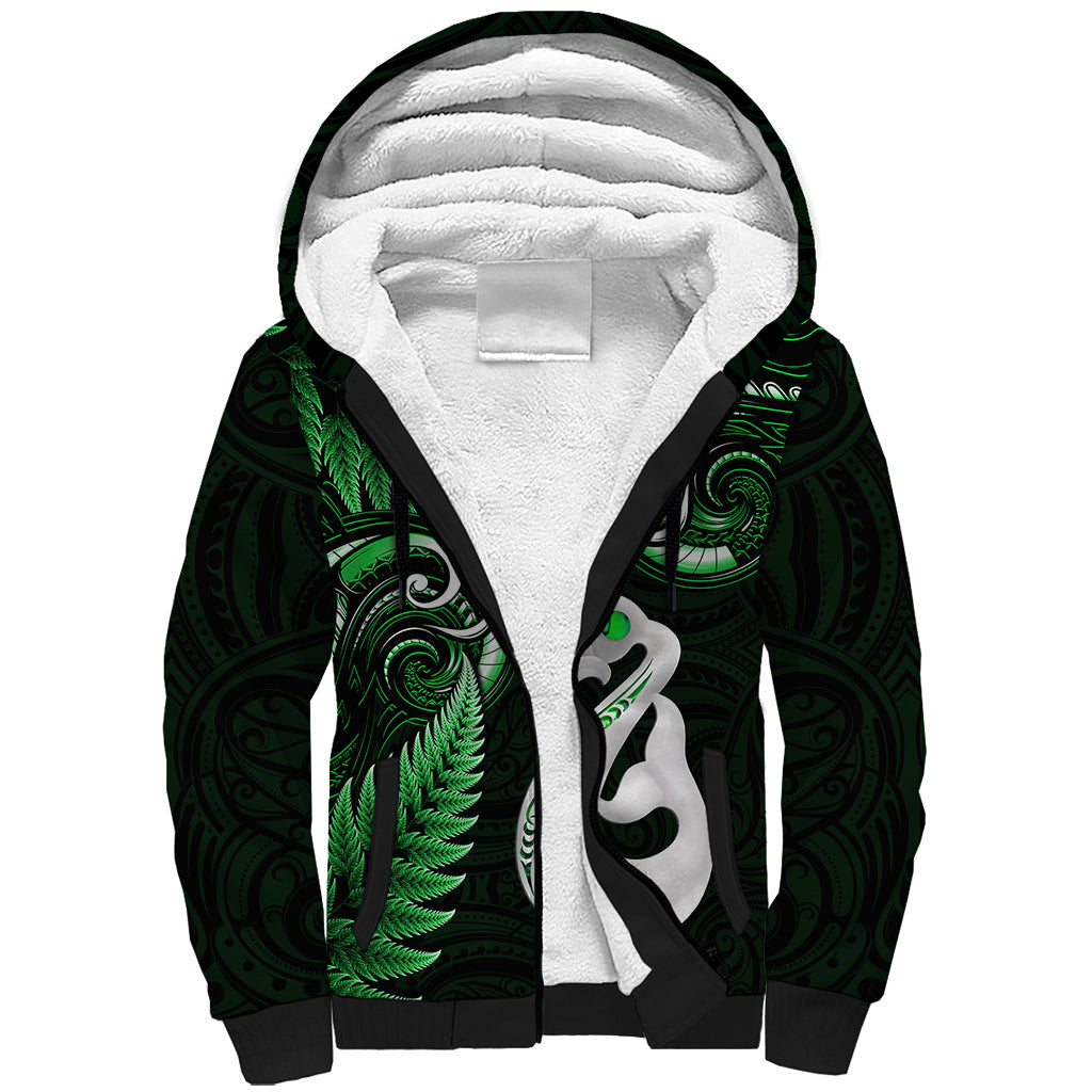 Personalised New Zealand Sherpa Hoodie Aotearoa Silver Fern With Manaia Maori Unique Green - Vibe Hoodie Shop