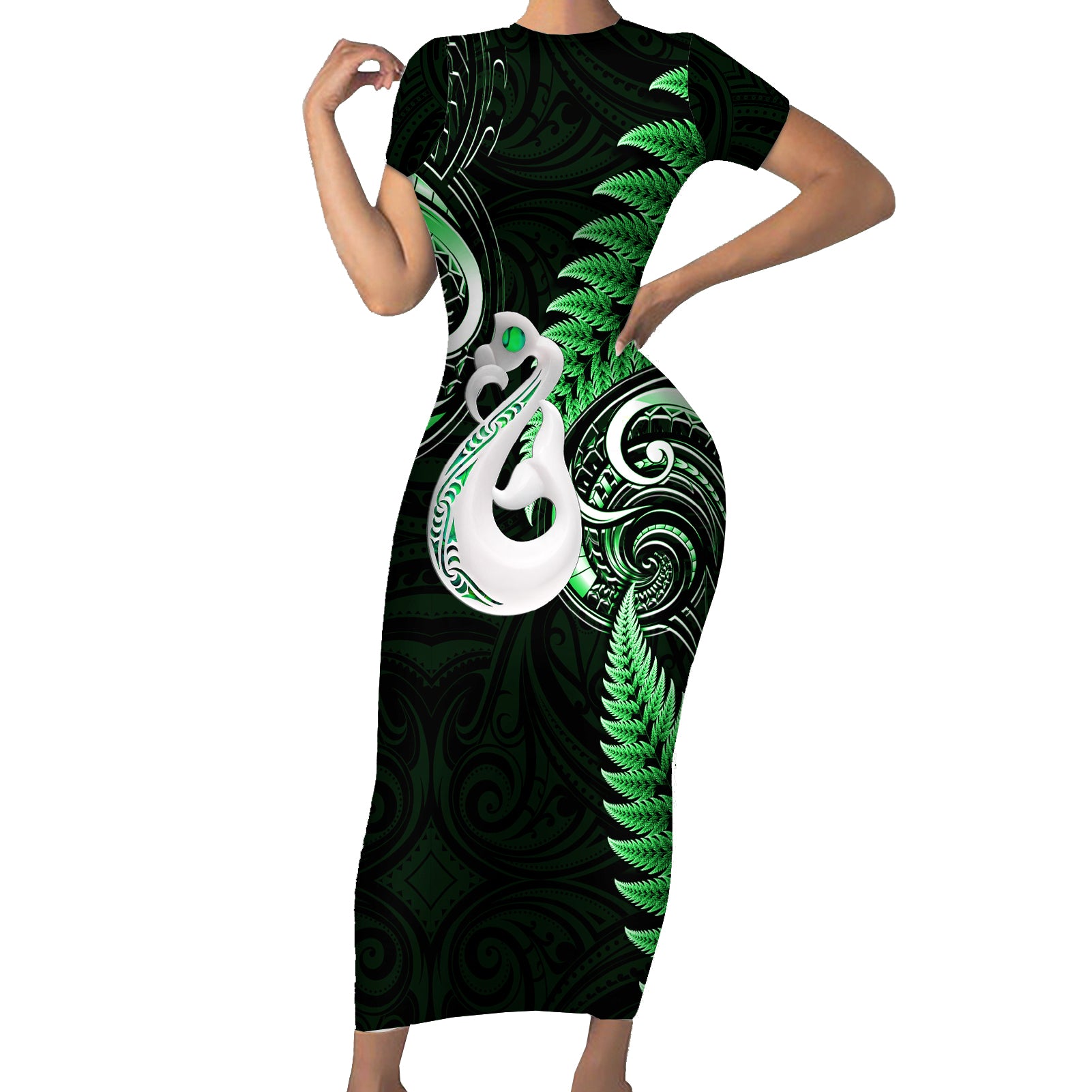 personalised-new-zealand-short-sleeve-bodycon-dress-aotearoa-silver-fern-with-manaia-maori-unique-green