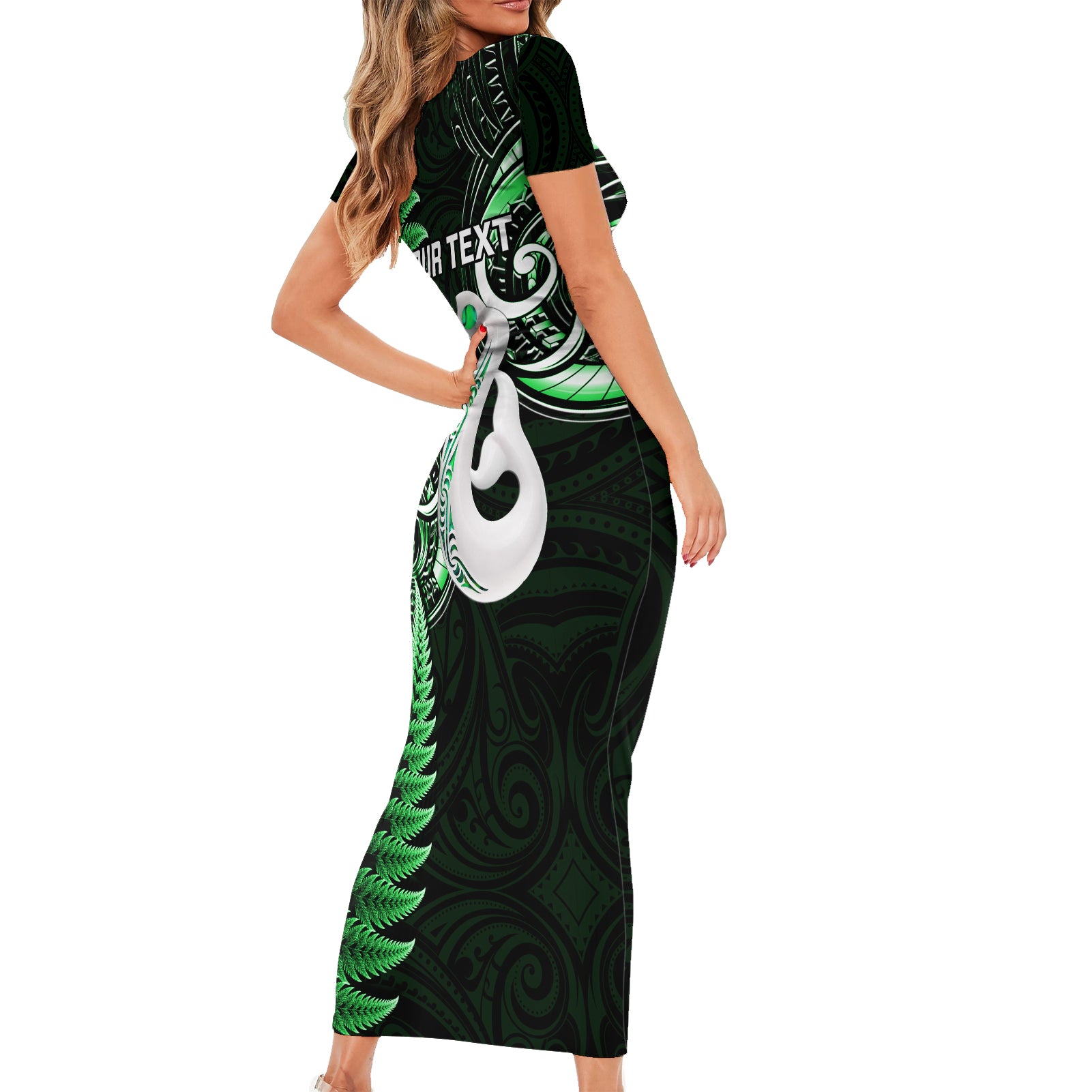 personalised-new-zealand-short-sleeve-bodycon-dress-aotearoa-silver-fern-with-manaia-maori-unique-green