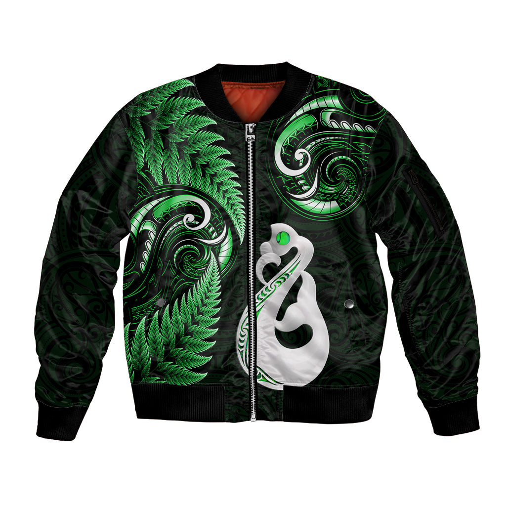 personalised-new-zealand-sleeve-zip-bomber-jacket-aotearoa-silver-fern-with-manaia-maori-unique-green