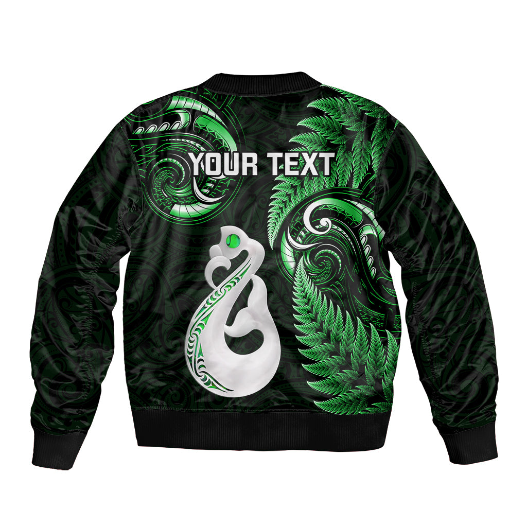 personalised-new-zealand-sleeve-zip-bomber-jacket-aotearoa-silver-fern-with-manaia-maori-unique-green