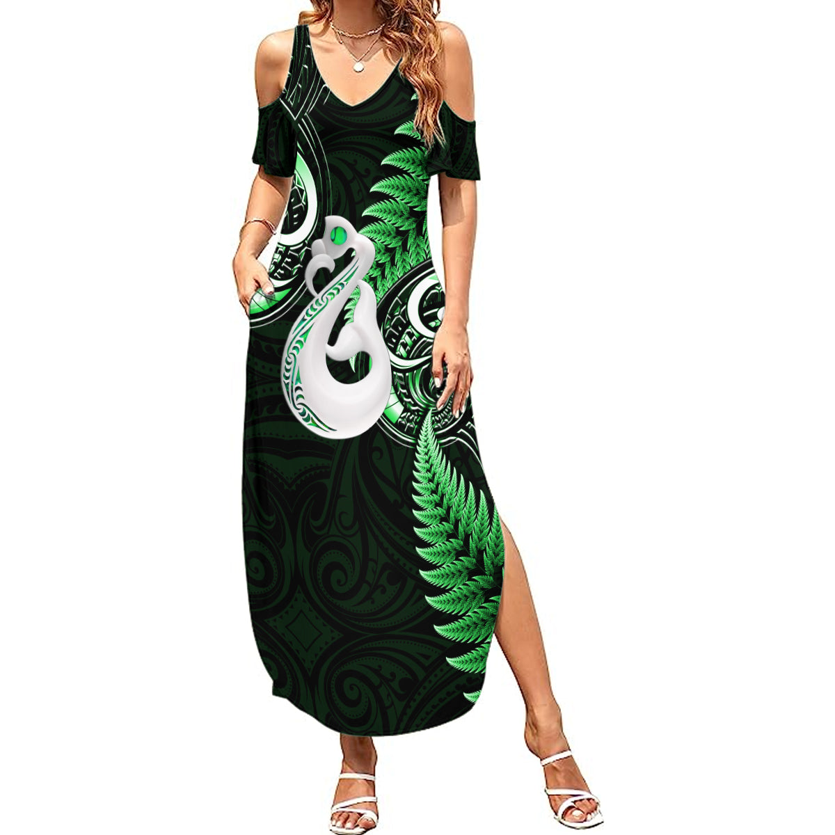 personalised-new-zealand-summer-maxi-dress-aotearoa-silver-fern-with-manaia-maori-unique-green