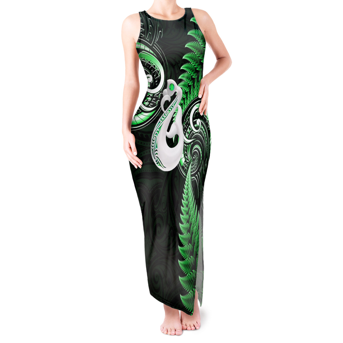 personalised-new-zealand-tank-maxi-dress-aotearoa-silver-fern-with-manaia-maori-unique-green