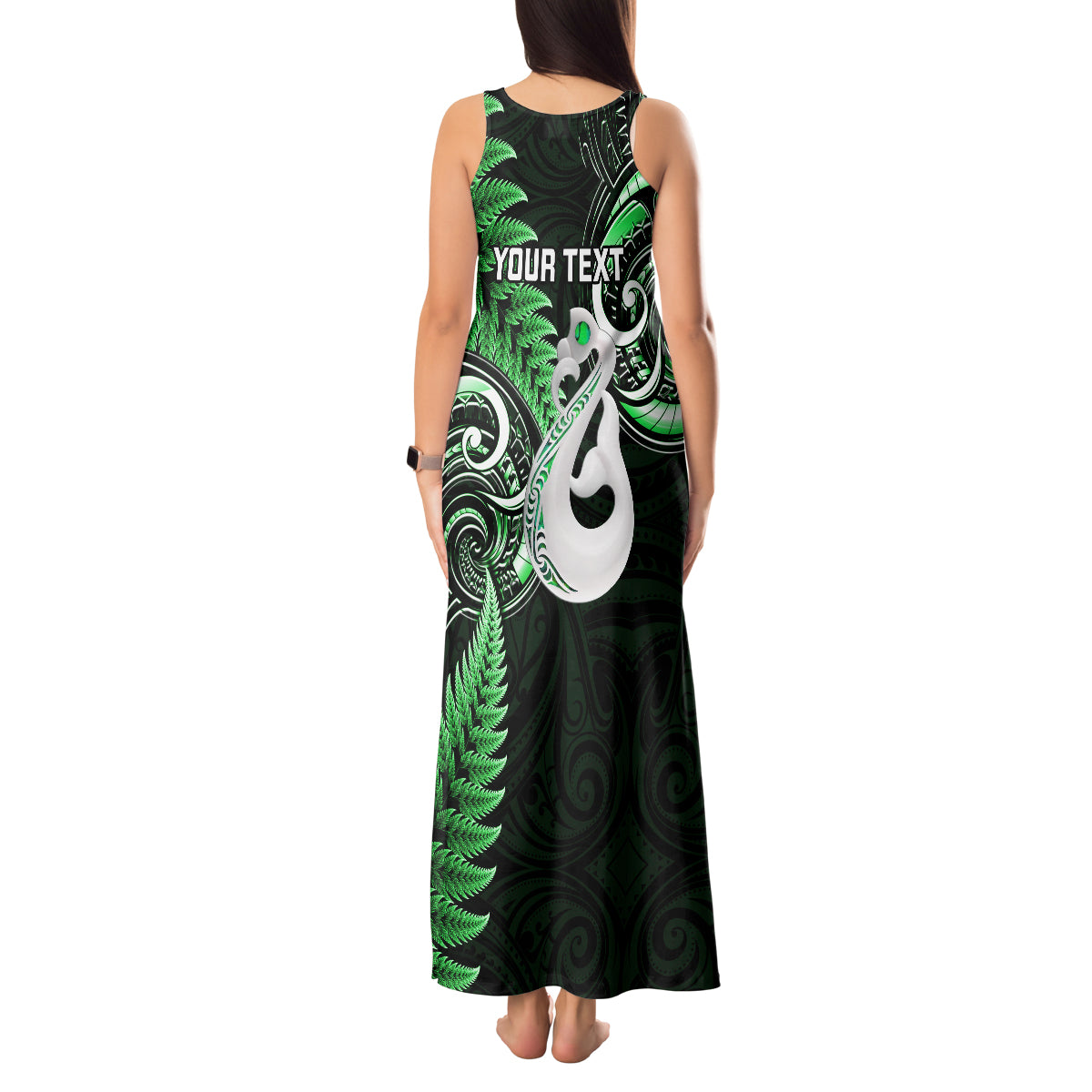 personalised-new-zealand-tank-maxi-dress-aotearoa-silver-fern-with-manaia-maori-unique-green