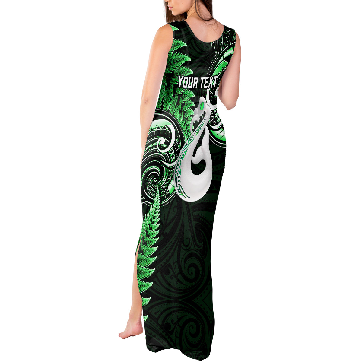 personalised-new-zealand-tank-maxi-dress-aotearoa-silver-fern-with-manaia-maori-unique-green