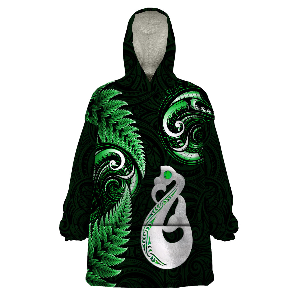 Personalised New Zealand Wearable Blanket Hoodie Aotearoa Silver Fern With Manaia Maori Unique Green - Vibe Hoodie Shop