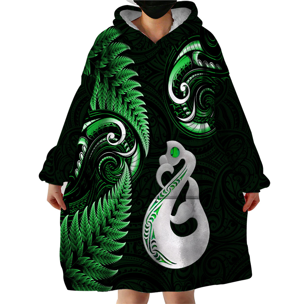 Personalised New Zealand Wearable Blanket Hoodie Aotearoa Silver Fern With Manaia Maori Unique Green - Vibe Hoodie Shop