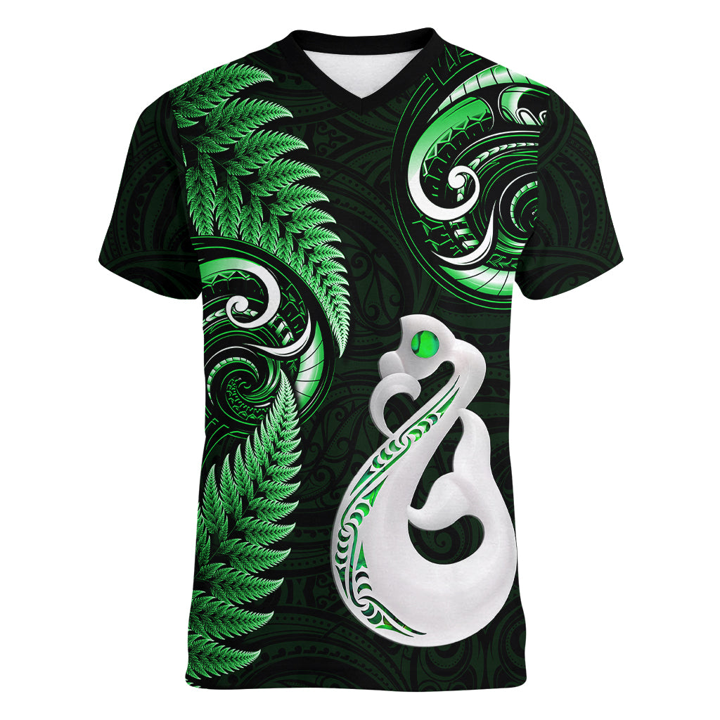 Personalised New Zealand Women V Neck T Shirt Aotearoa Silver Fern With Manaia Maori Unique Green - Vibe Hoodie Shop