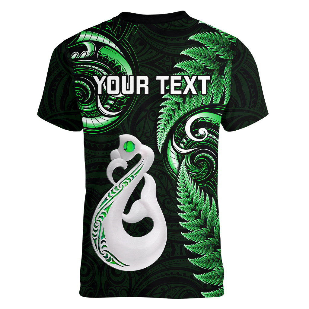 Personalised New Zealand Women V Neck T Shirt Aotearoa Silver Fern With Manaia Maori Unique Green - Vibe Hoodie Shop