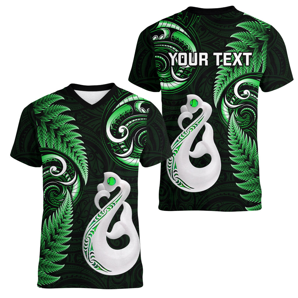 Personalised New Zealand Women V Neck T Shirt Aotearoa Silver Fern With Manaia Maori Unique Green - Vibe Hoodie Shop