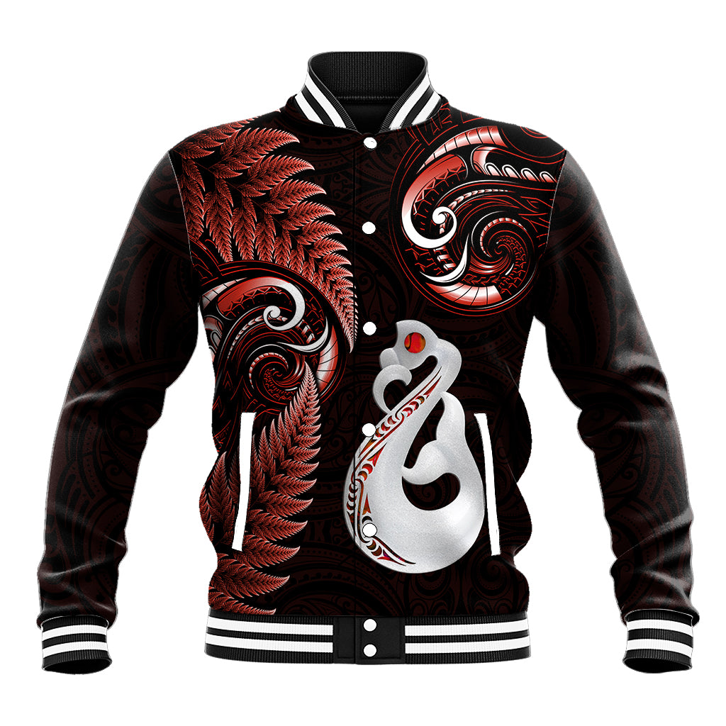 Personalised New Zealand Baseball Jacket Aotearoa Silver Fern With Manaia Maori Unique Red - Vibe Hoodie Shop