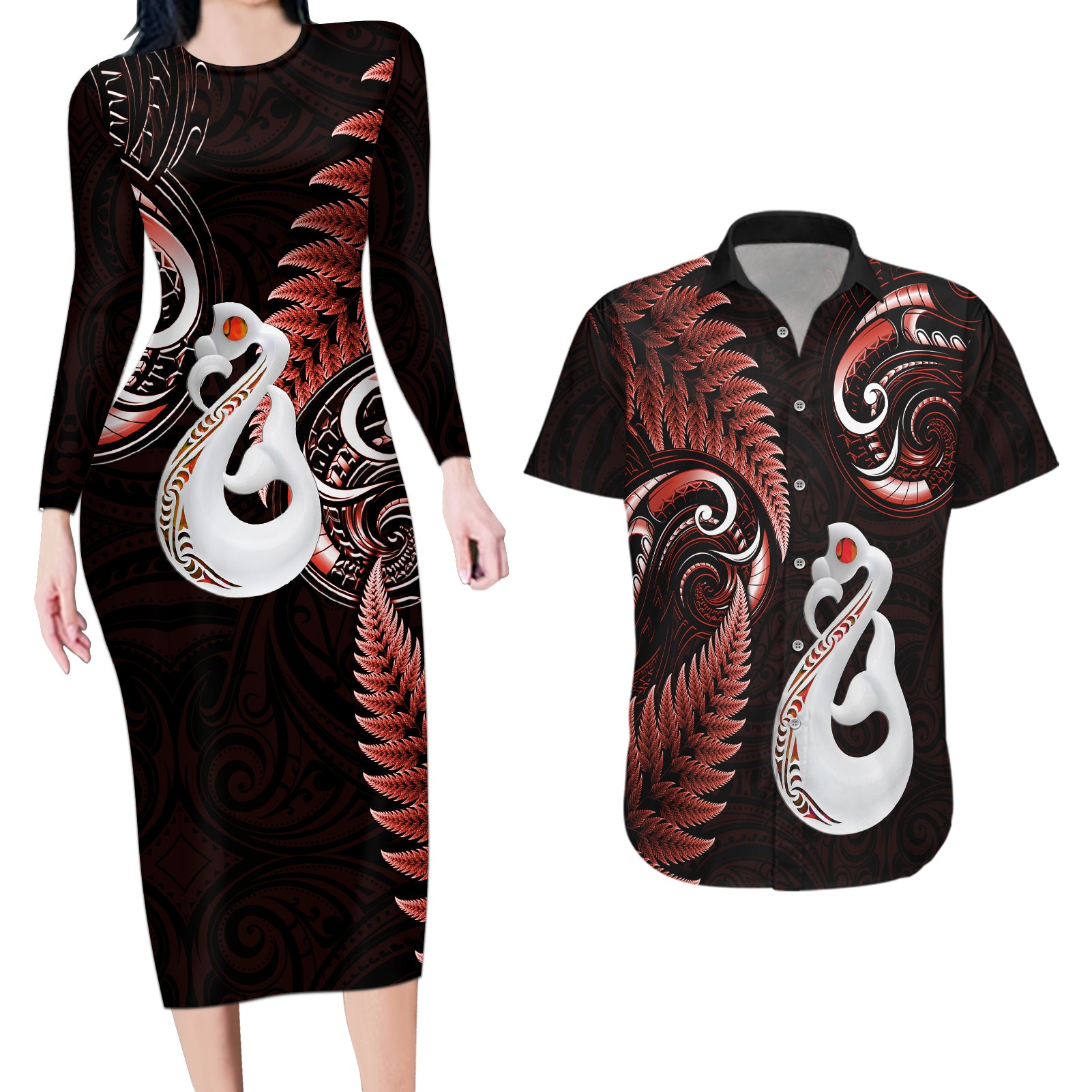 personalised-new-zealand-couples-long-sleeve-bodycon-dress-and-hawaiian-shirt-aotearoa-silver-fern-with-manaia-maori-unique-red