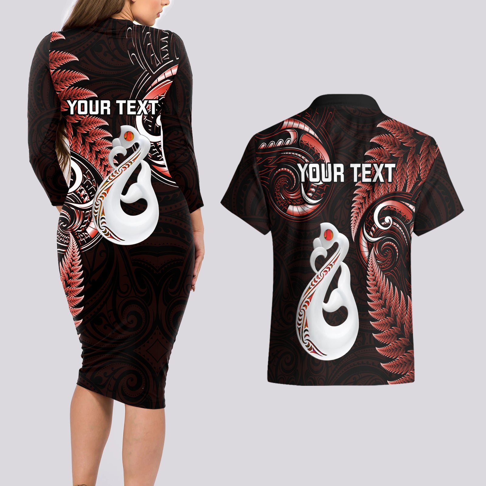 personalised-new-zealand-couples-long-sleeve-bodycon-dress-and-hawaiian-shirt-aotearoa-silver-fern-with-manaia-maori-unique-red