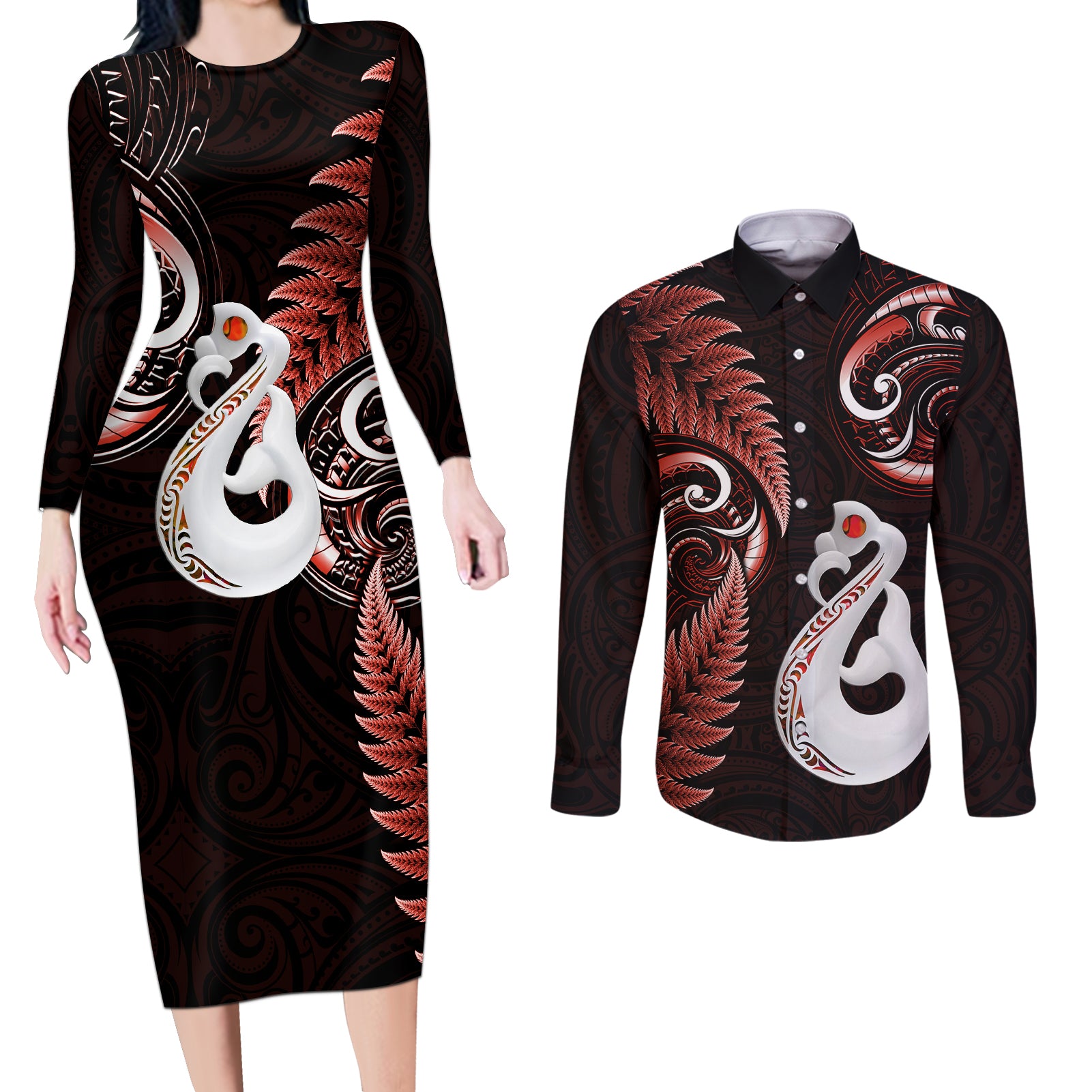 personalised-new-zealand-couples-long-sleeve-bodycon-dress-and-long-sleeve-button-shirts-aotearoa-silver-fern-with-manaia-maori-unique-red