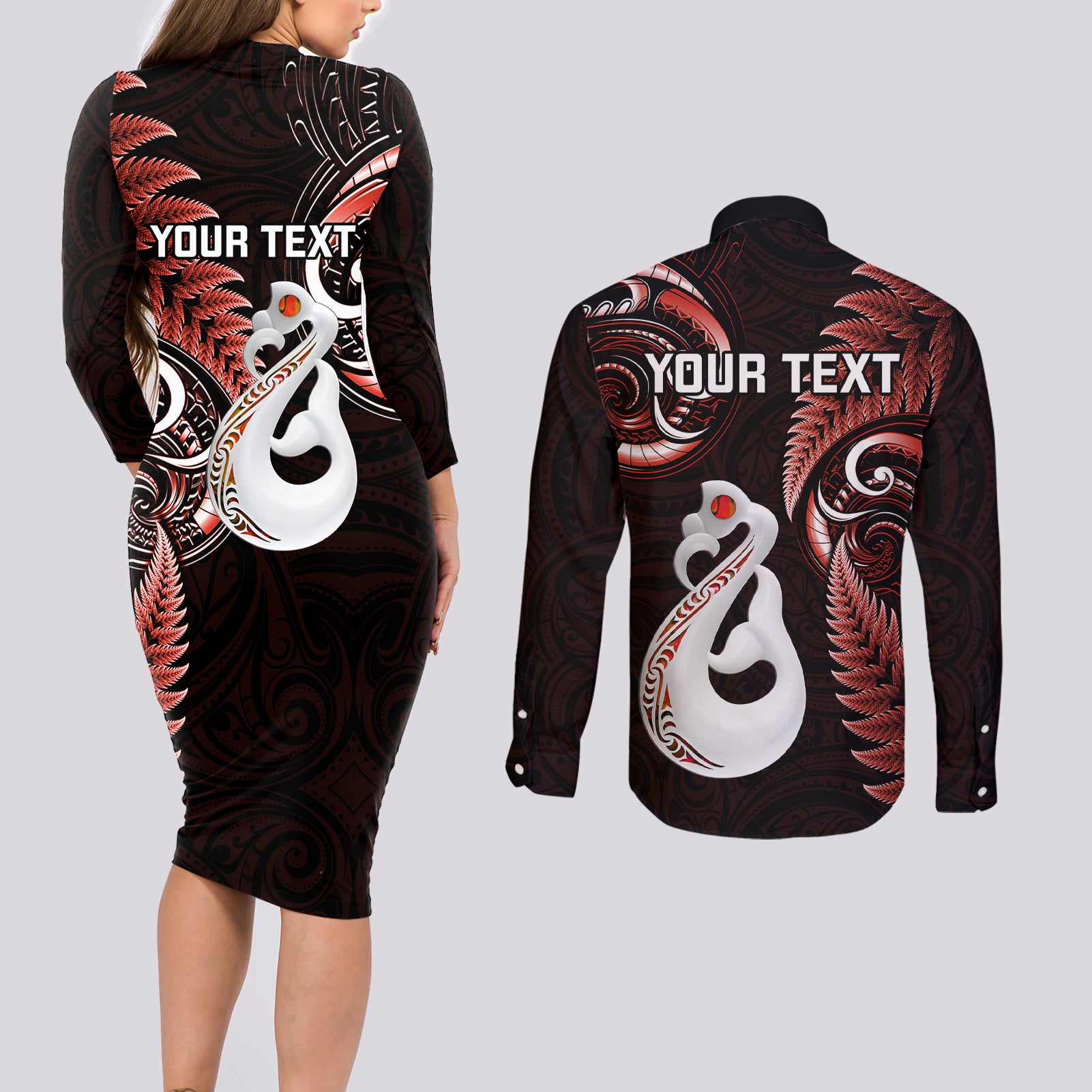 personalised-new-zealand-couples-long-sleeve-bodycon-dress-and-long-sleeve-button-shirts-aotearoa-silver-fern-with-manaia-maori-unique-red