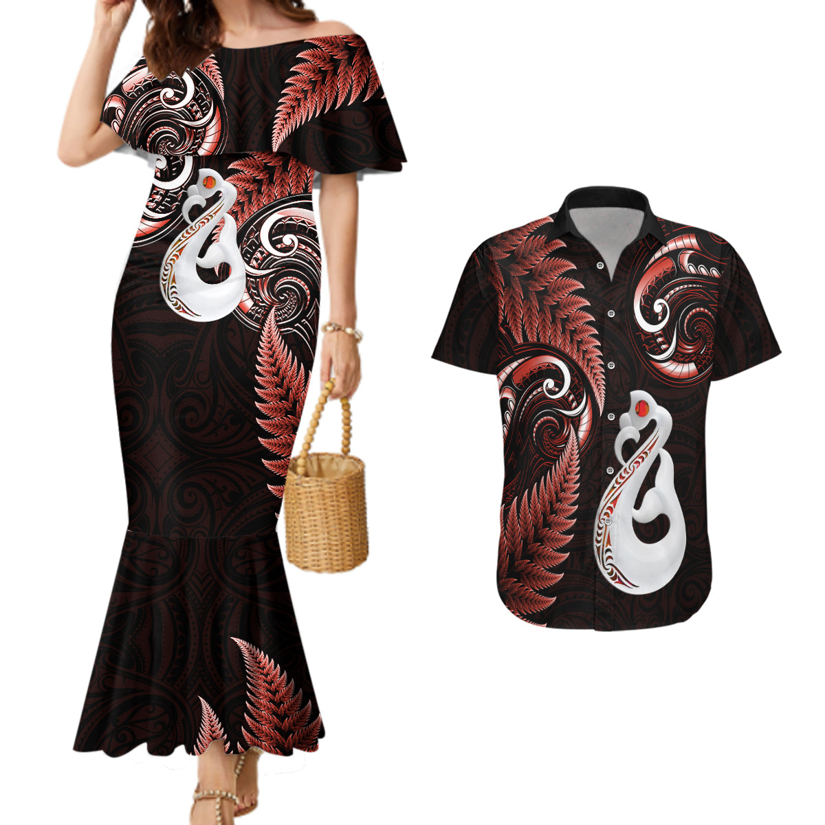 personalised-new-zealand-couples-mermaid-dress-and-hawaiian-shirt-aotearoa-silver-fern-with-manaia-maori-unique-red