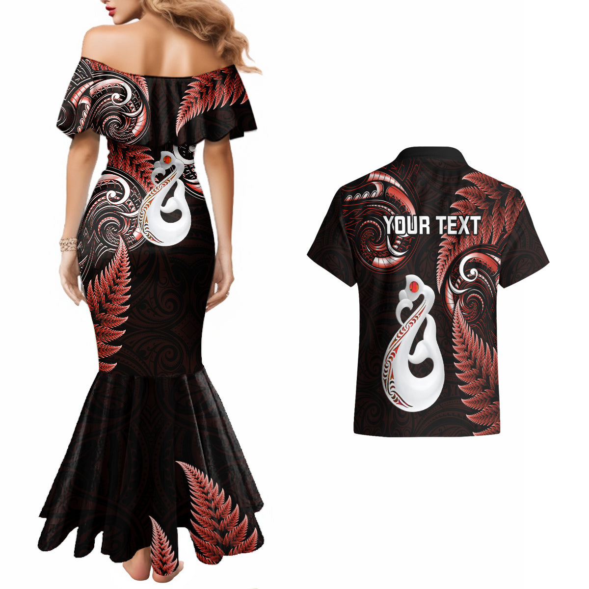 personalised-new-zealand-couples-mermaid-dress-and-hawaiian-shirt-aotearoa-silver-fern-with-manaia-maori-unique-red