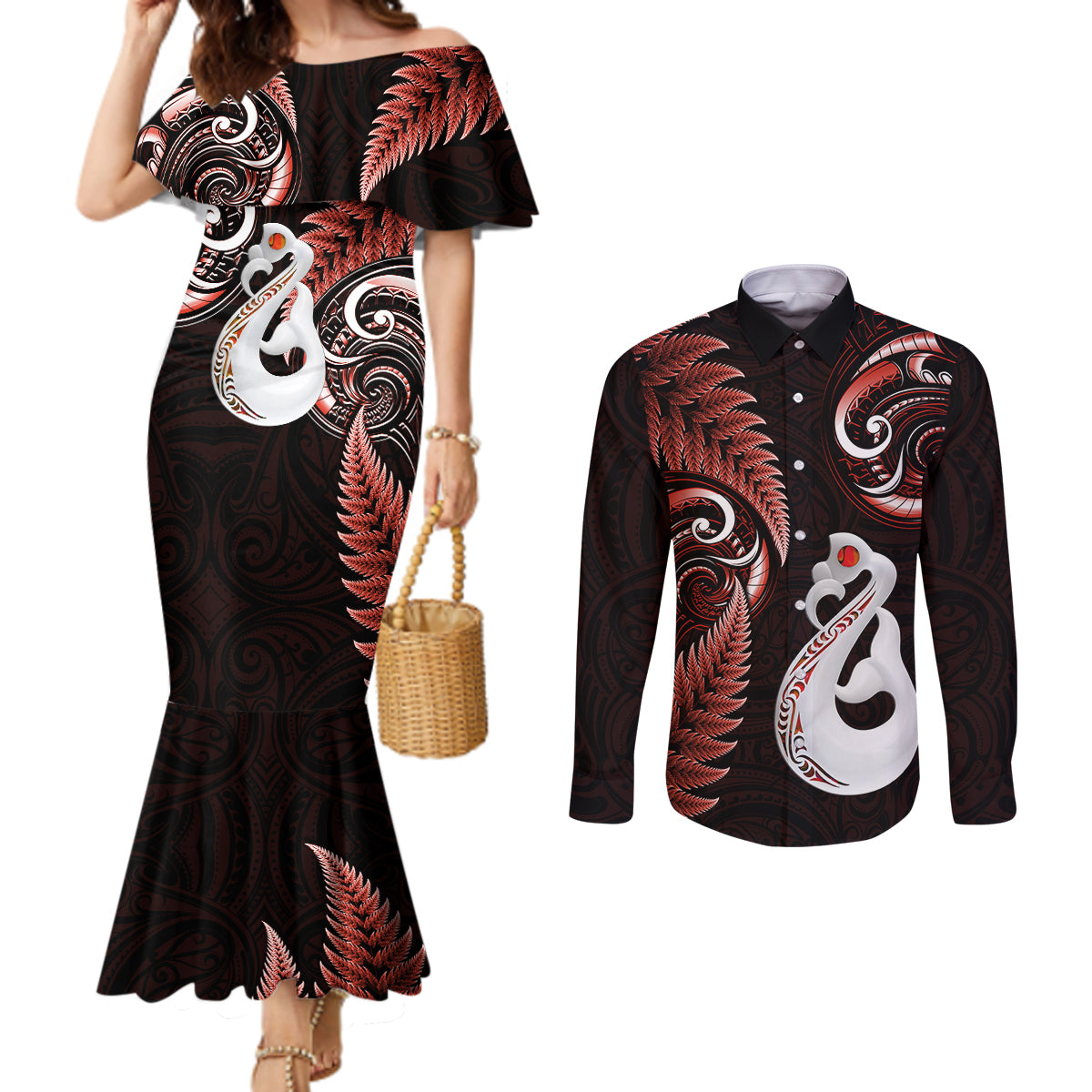 personalised-new-zealand-couples-mermaid-dress-and-long-sleeve-button-shirts-aotearoa-silver-fern-with-manaia-maori-unique-red