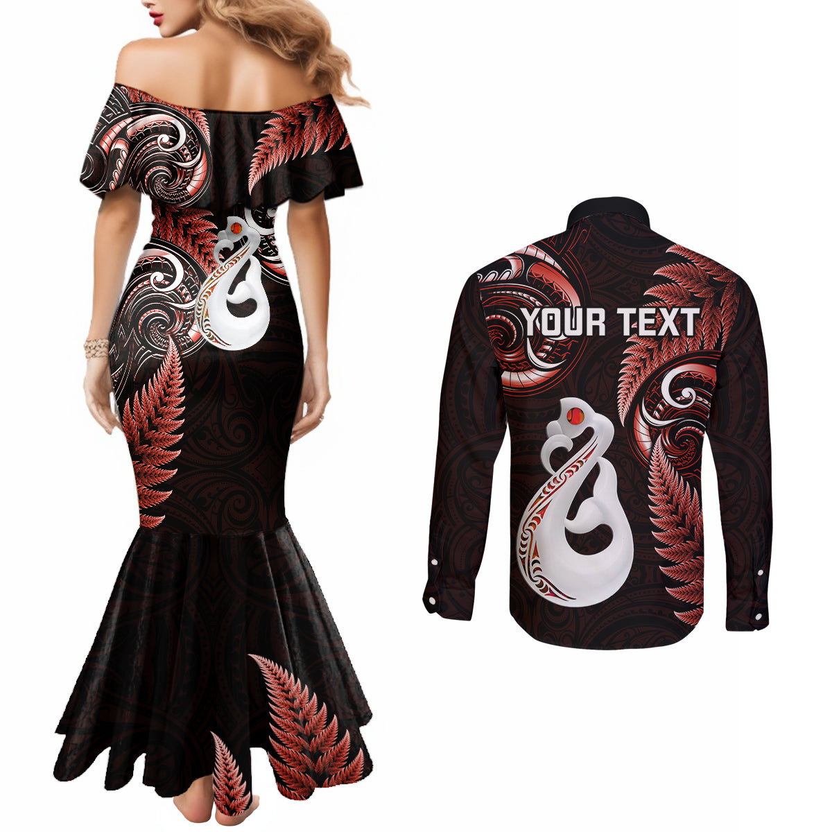 personalised-new-zealand-couples-mermaid-dress-and-long-sleeve-button-shirts-aotearoa-silver-fern-with-manaia-maori-unique-red