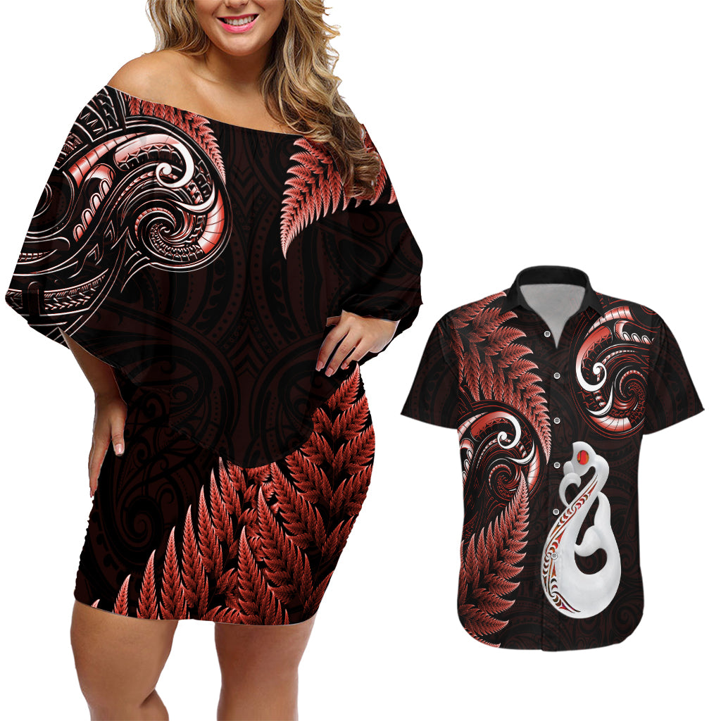 personalised-new-zealand-couples-off-shoulder-short-dress-and-hawaiian-shirt-aotearoa-silver-fern-with-manaia-maori-unique-red