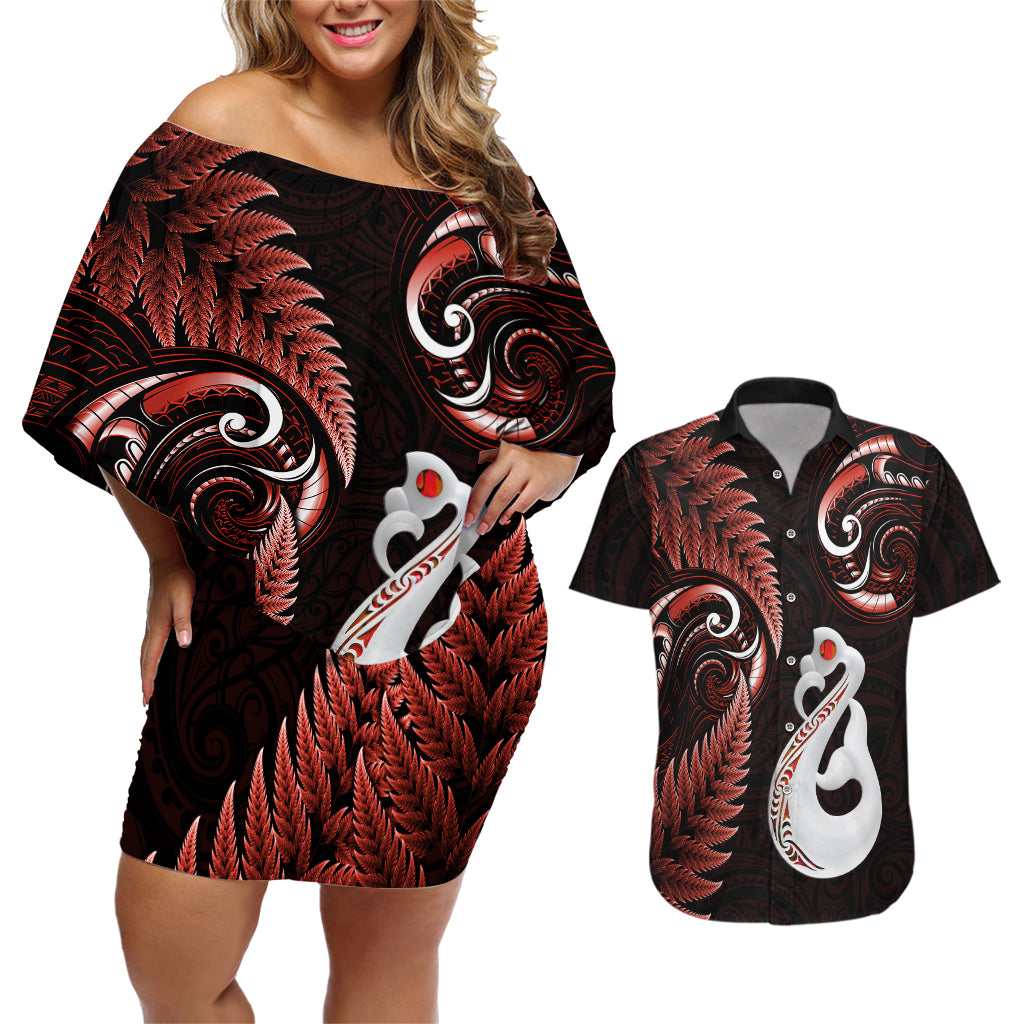 Personalised New Zealand Couples Off The Shoulder Long Sleeve Dress and Hawaiian Shirt Aotearoa Silver Fern With Manaia Maori Unique Red LT14