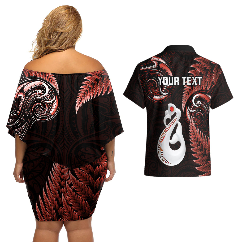 personalised-new-zealand-couples-off-shoulder-short-dress-and-hawaiian-shirt-aotearoa-silver-fern-with-manaia-maori-unique-red