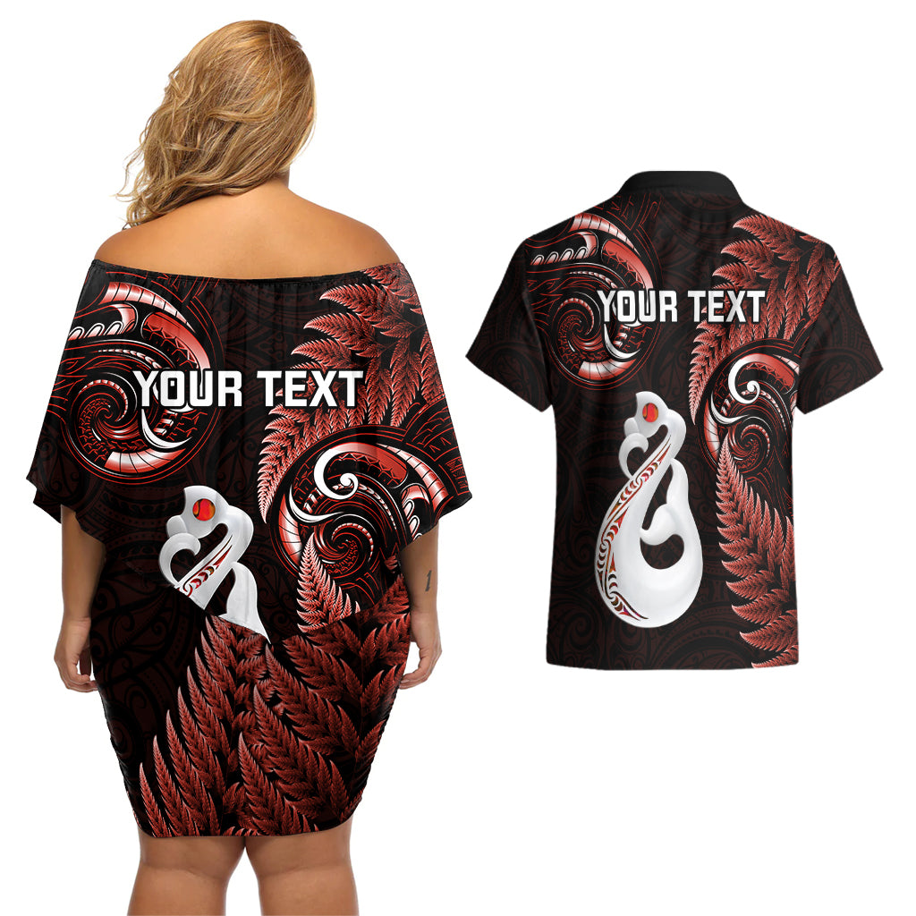 Personalised New Zealand Couples Off The Shoulder Long Sleeve Dress and Hawaiian Shirt Aotearoa Silver Fern With Manaia Maori Unique Red LT14