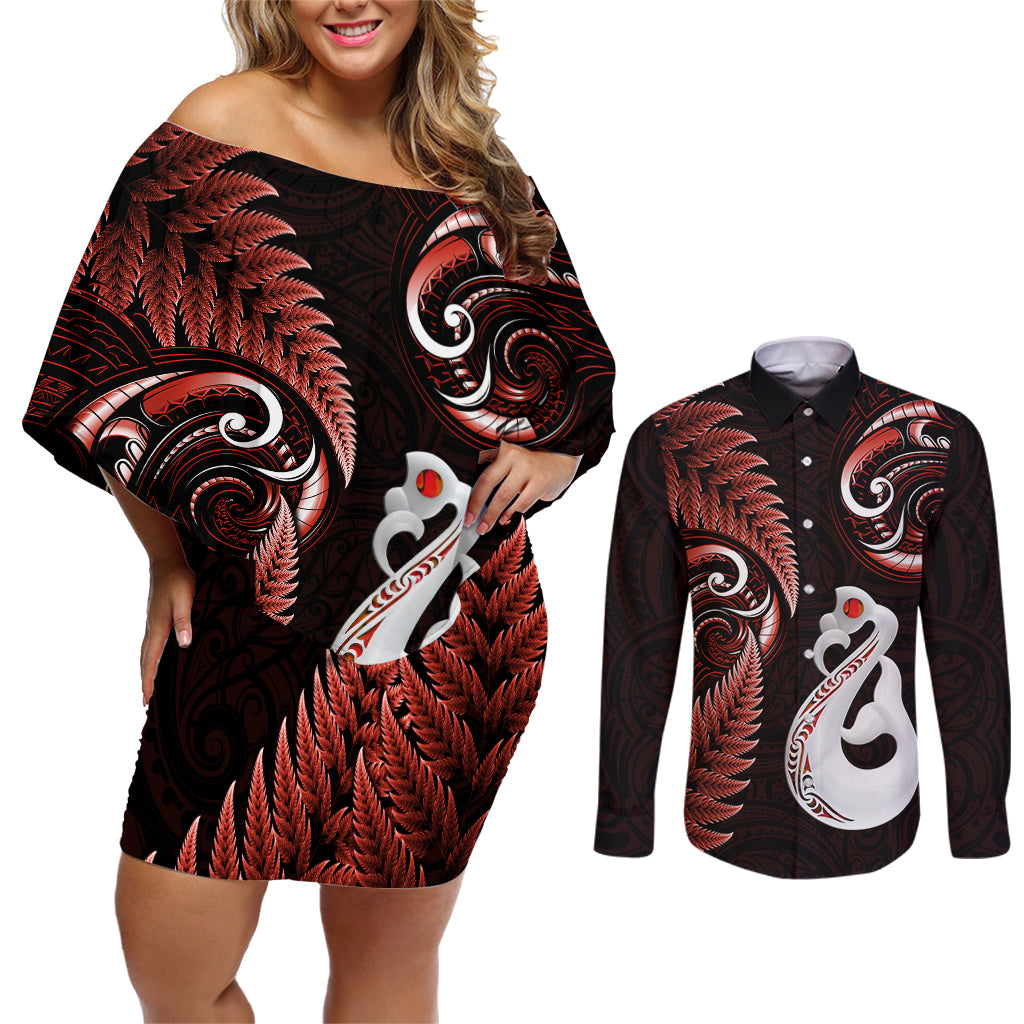 Personalised New Zealand Couples Off Shoulder Short Dress and Long Sleeve Button Shirts Aotearoa Silver Fern With Manaia Maori Unique Red LT14