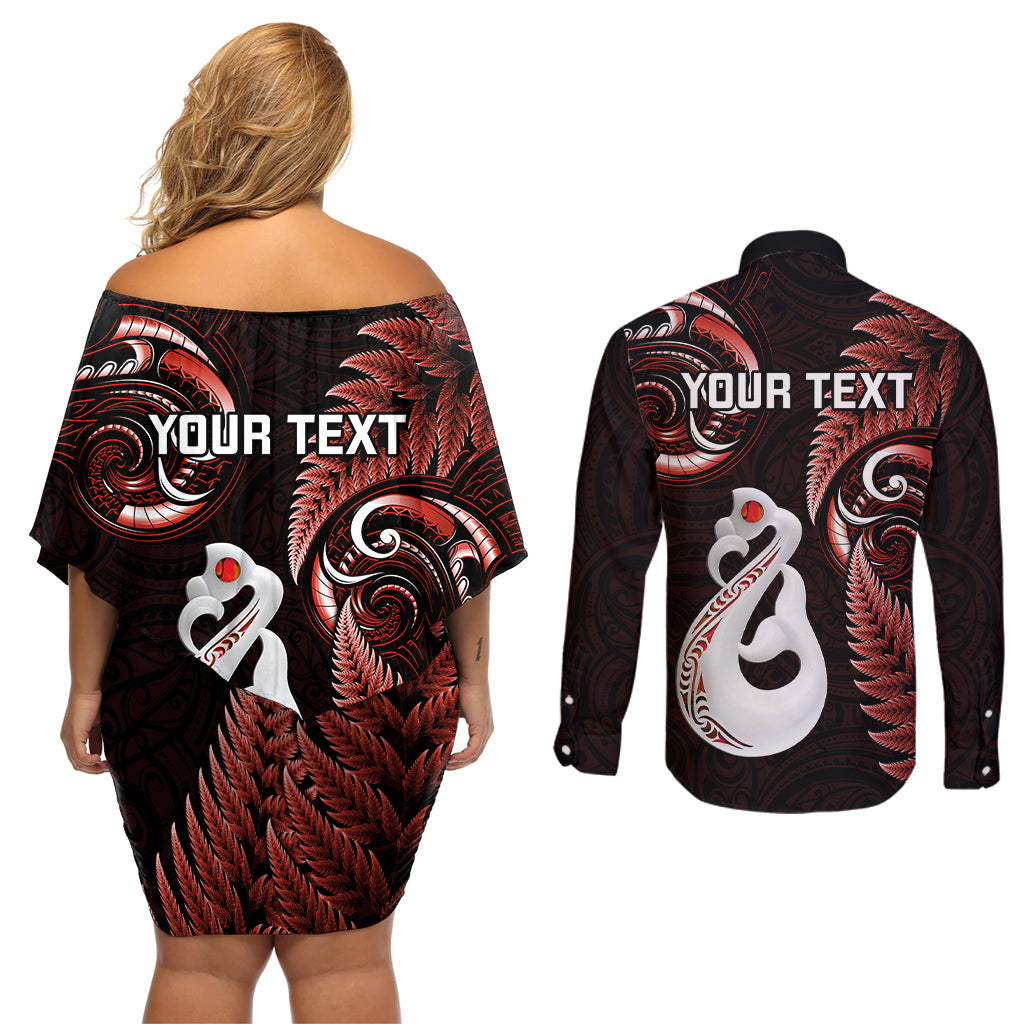 Personalised New Zealand Couples Off Shoulder Short Dress and Long Sleeve Button Shirts Aotearoa Silver Fern With Manaia Maori Unique Red LT14