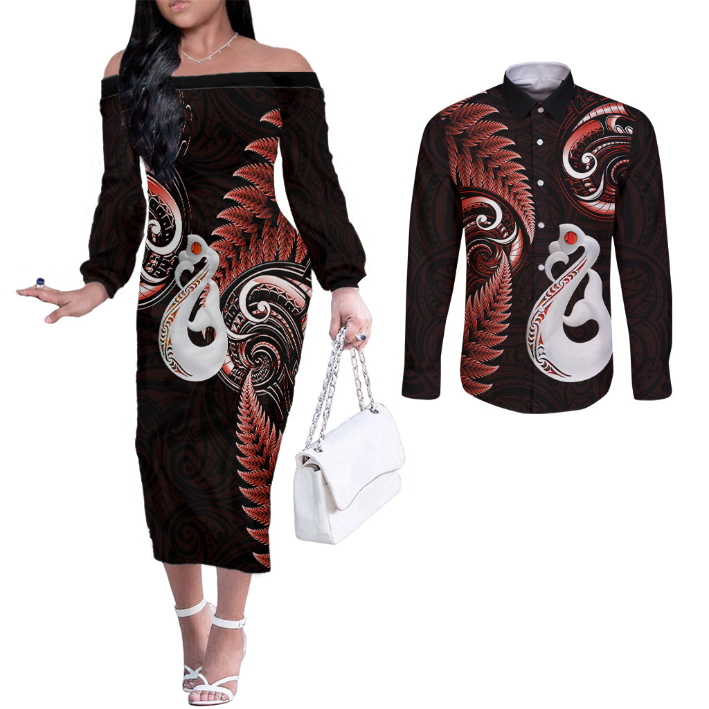 personalised-new-zealand-couples-off-the-shoulder-long-sleeve-dress-and-long-sleeve-button-shirts-aotearoa-silver-fern-with-manaia-maori-unique-red