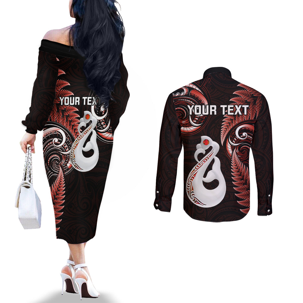 personalised-new-zealand-couples-off-the-shoulder-long-sleeve-dress-and-long-sleeve-button-shirts-aotearoa-silver-fern-with-manaia-maori-unique-red