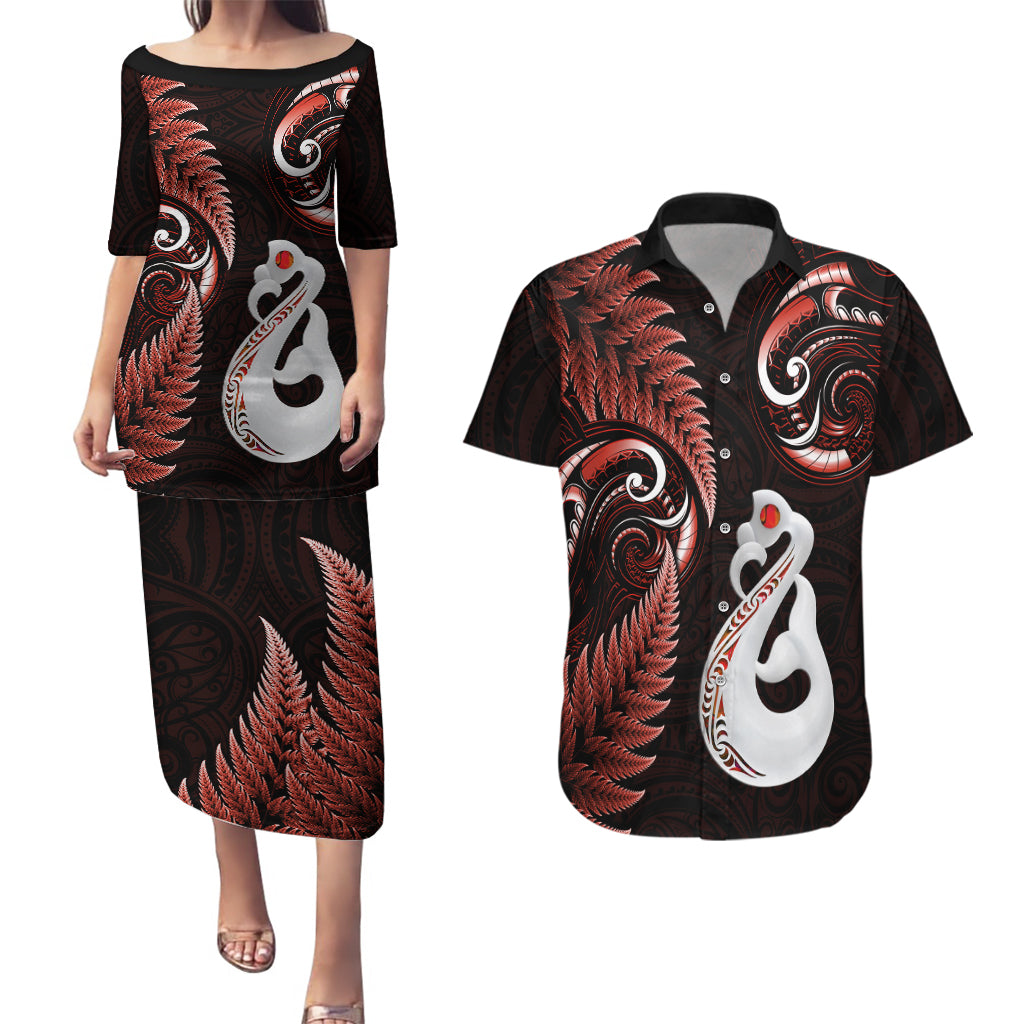 personalised-new-zealand-couples-puletasi-dress-and-hawaiian-shirt-aotearoa-silver-fern-with-manaia-maori-unique-red