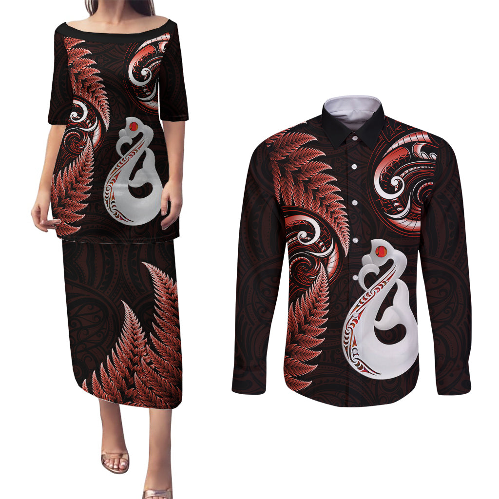 personalised-new-zealand-couples-puletasi-dress-and-long-sleeve-button-shirts-aotearoa-silver-fern-with-manaia-maori-unique-red