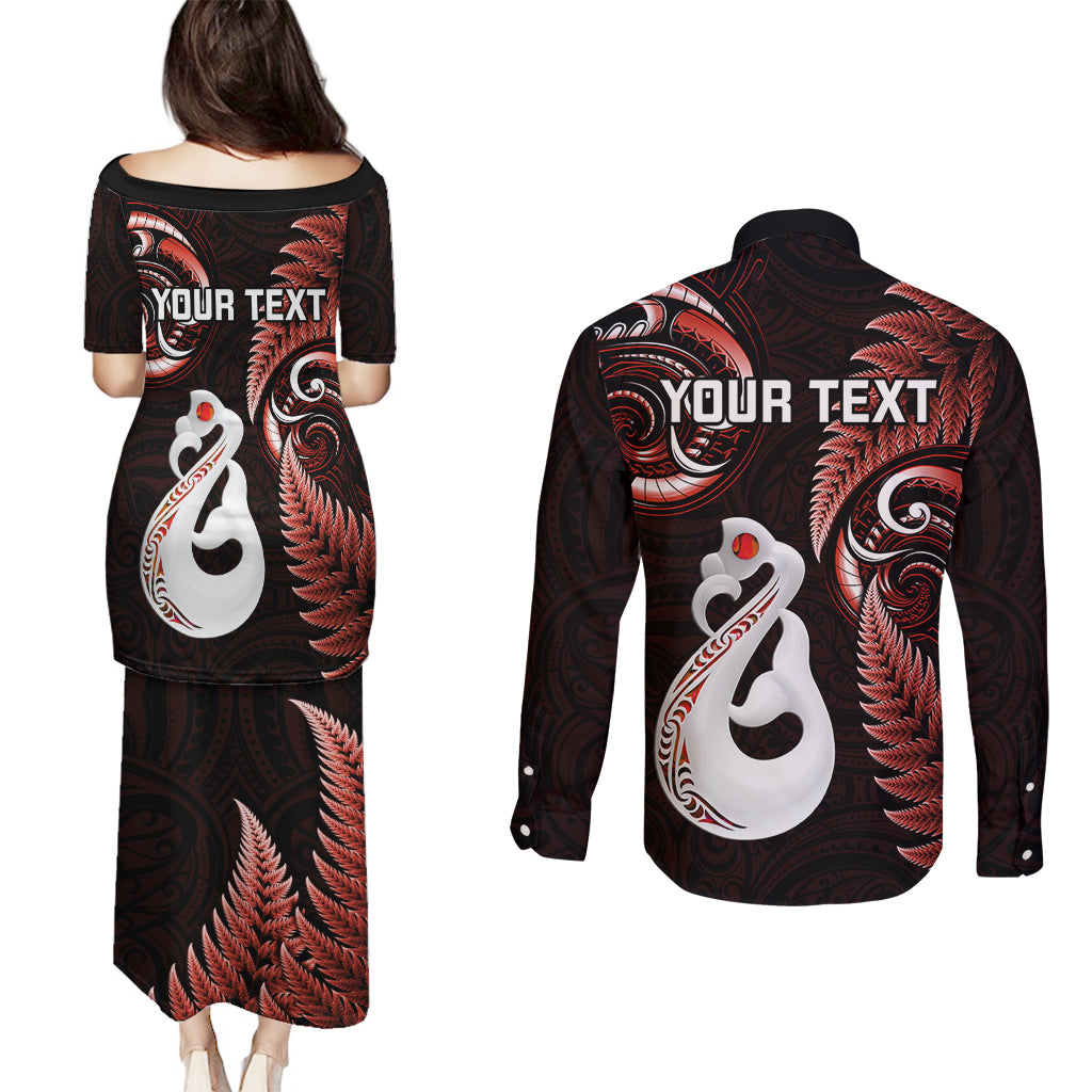 personalised-new-zealand-couples-puletasi-dress-and-long-sleeve-button-shirts-aotearoa-silver-fern-with-manaia-maori-unique-red