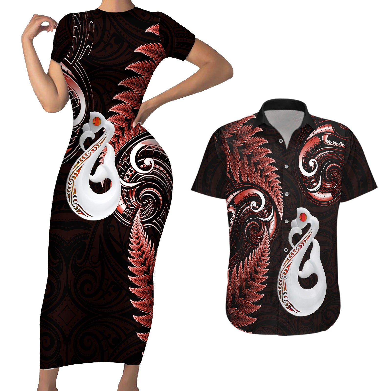 personalised-new-zealand-couples-short-sleeve-bodycon-dress-and-hawaiian-shirt-aotearoa-silver-fern-with-manaia-maori-unique-red