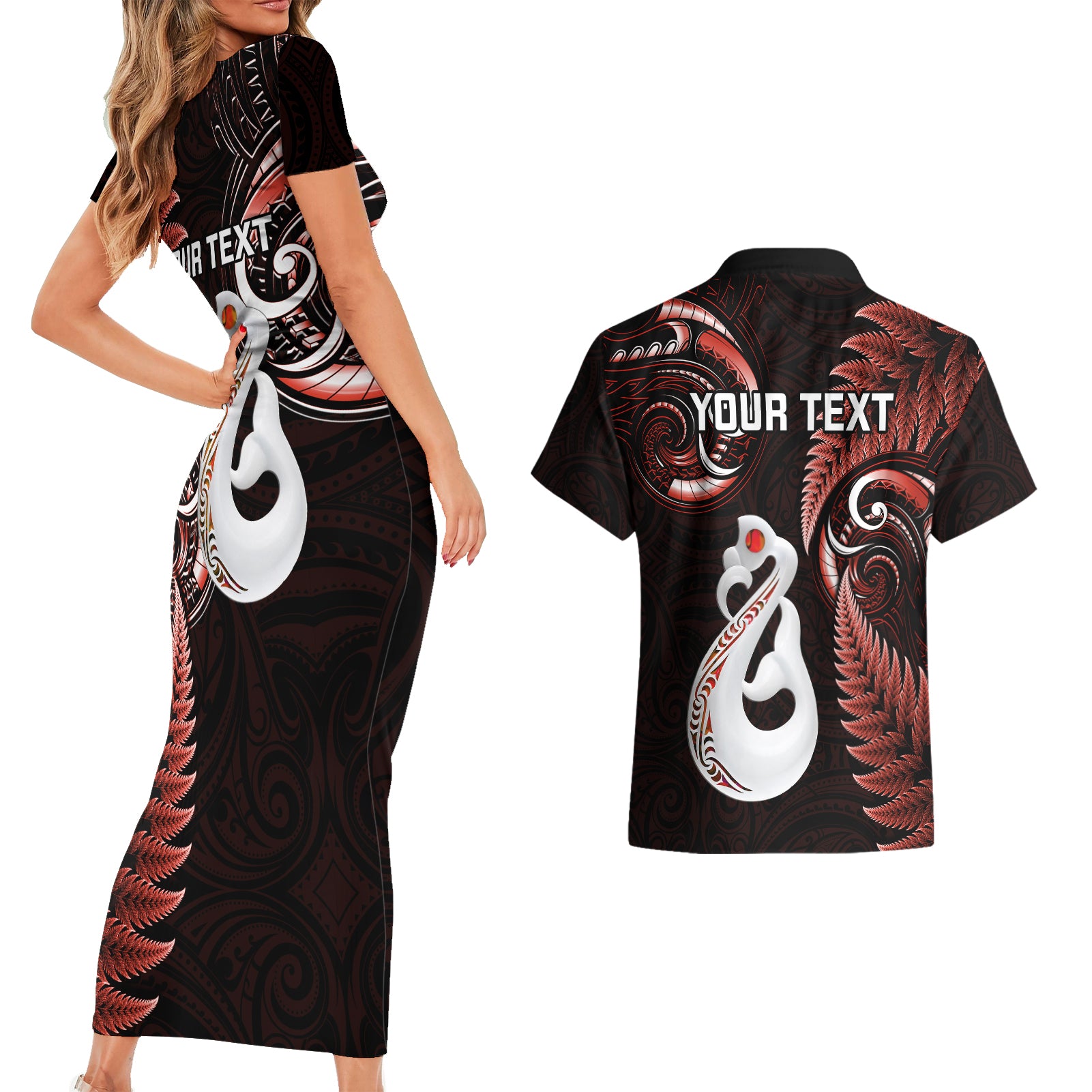 personalised-new-zealand-couples-short-sleeve-bodycon-dress-and-hawaiian-shirt-aotearoa-silver-fern-with-manaia-maori-unique-red